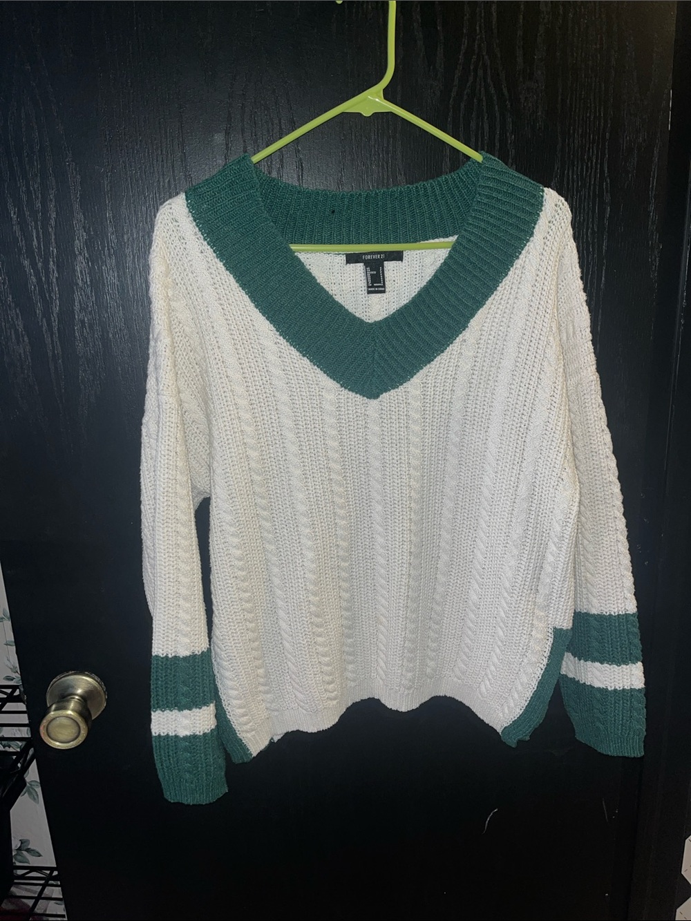 Forever 21 Cream V-Neck Sweater with Green Trim